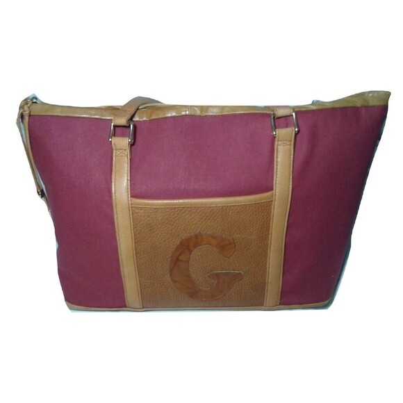 Lesley Sara Custom Made Cotton & Leather Tote Large Carry All Burgundy & Brown - Picture 4 of 8